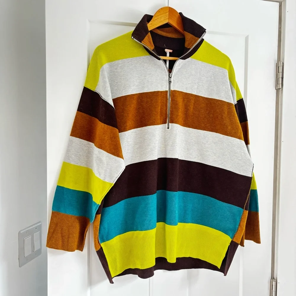 NWOT Free People Coastal Stripe Pullover Olive lime combo SZ XS - Picture 3 of 9